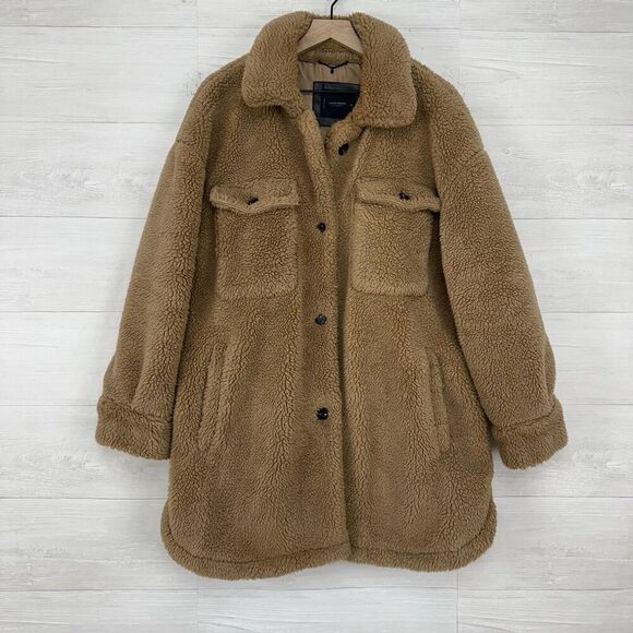 Lucky Brand Faux Fur Oversized Teddy Shacket Jacket Coat Women XL Camel Pockets - Picture 1 of 13